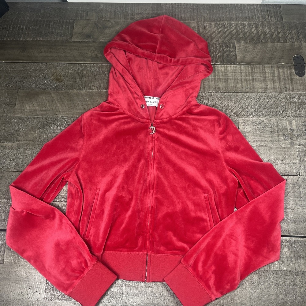 Juicy Couture Y2K Womens XL Cropped Bright red Velvet Full Zip Hooded Sweatshirt